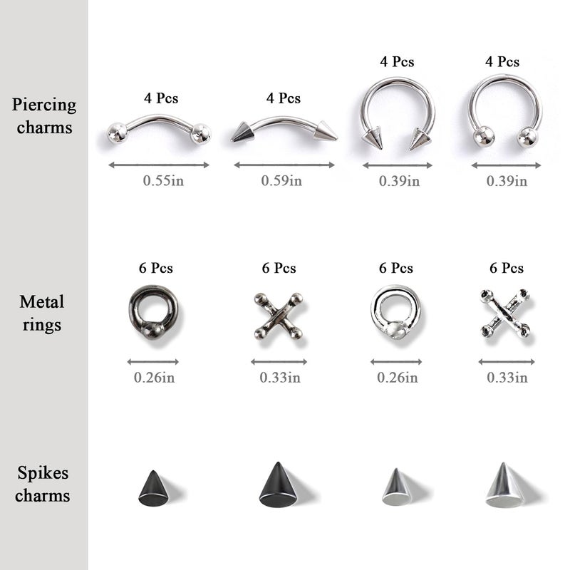 furtherpretty Gothic Nail Charms Set, 3D Black & Silver Piercing Nail Charms with Metal Rings, Triangle Spikes & Rivet Studs for Nails, Y2K Punk Goth Nail Art Decorations Accessories with Tweezers - Image 3